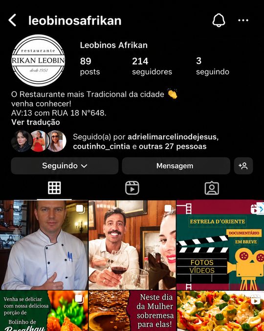 Perfil do restaurante antes, com 214 seguidores