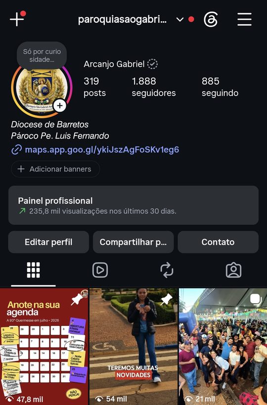 Perfil da paróquia depois, com 1.888 seguidores e 235,8 mil visualizações